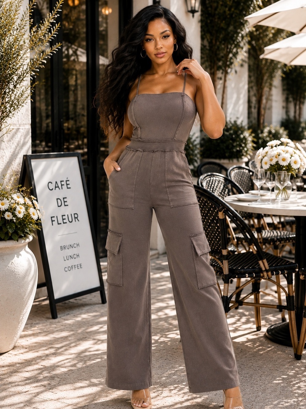 Spaghetti-Strap Wide Leg Cargo Jumpsuit in Taupe